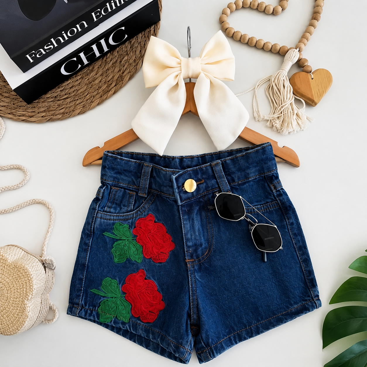 Short Bordado Infantil com Flores Vermelhas e Verdes