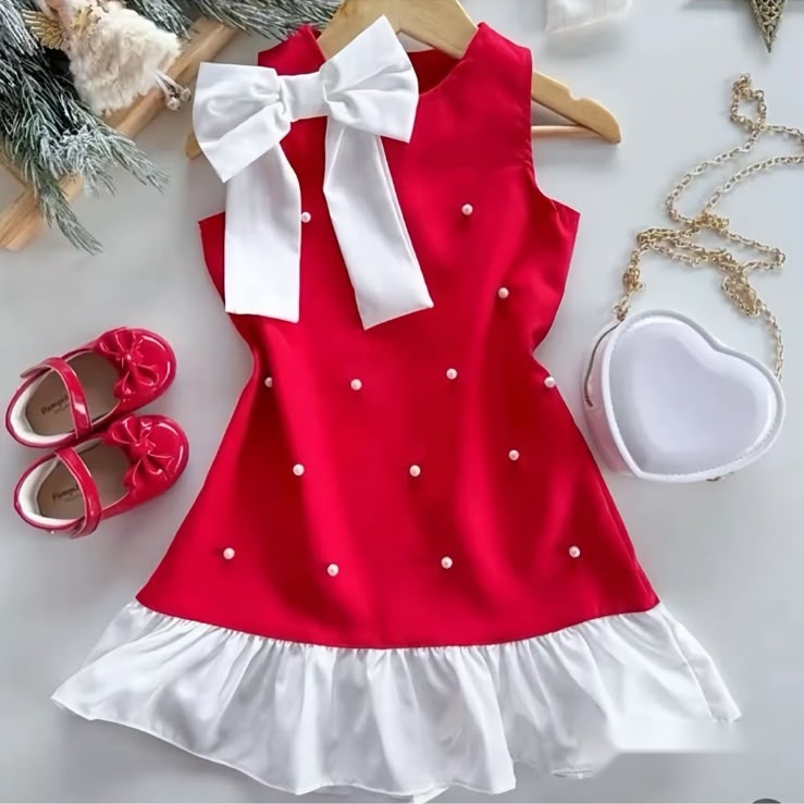 Vestido Pérola Vermelho com Laço Branco